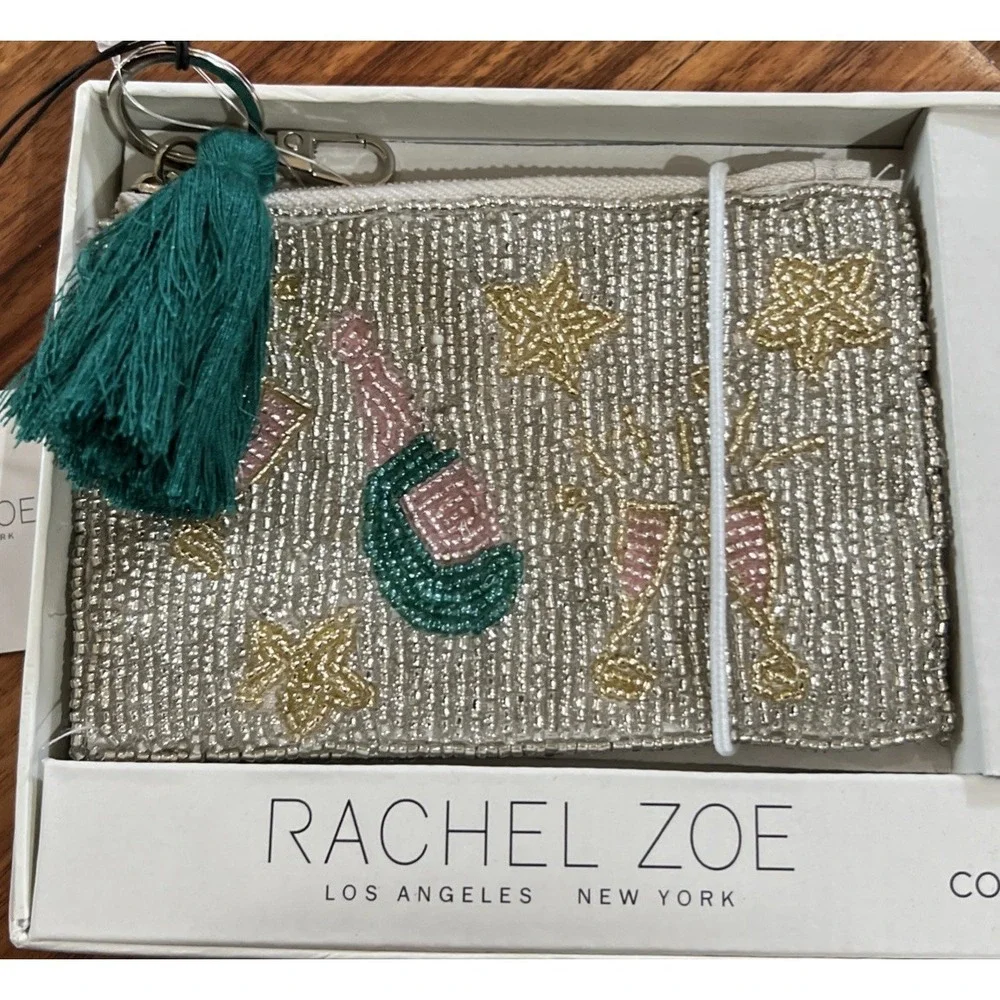 New $40 Rachel Zoe 2 Piece Champagne Bottle Silver Coin Purse‎ Star Key Chain